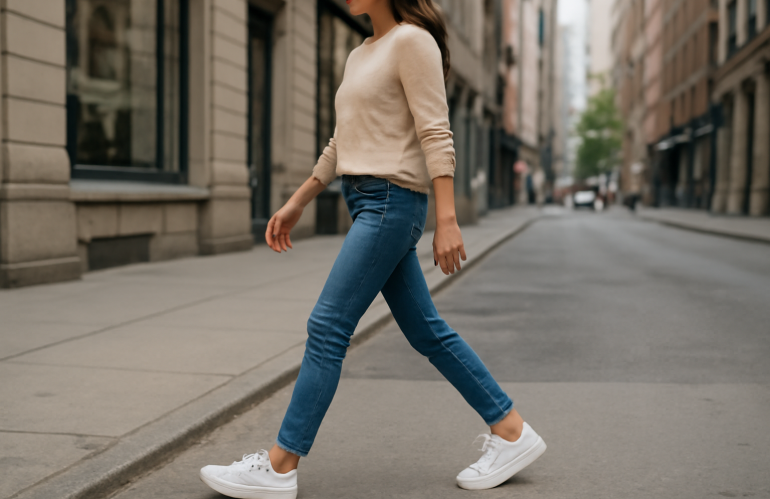 femme marchant en baskets blanches en ville
