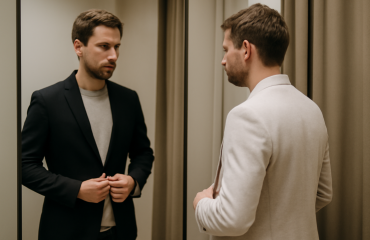 personne essayant deux blazers differents devant miroir