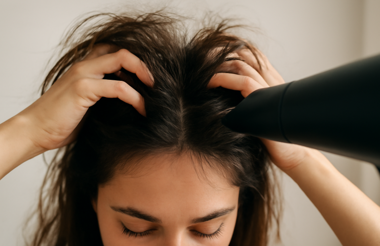 mains soulevant racines de cheveux au séchage