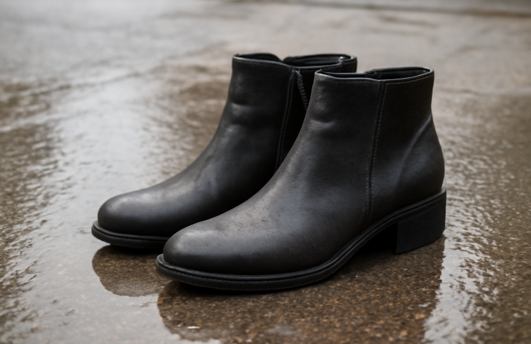 bottines posées sur trottoir mouillé