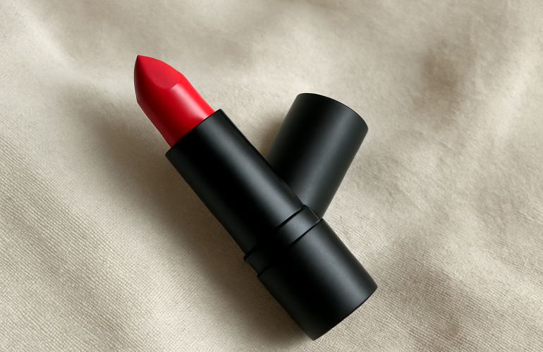 tube de rouge posé sur tissu neutre