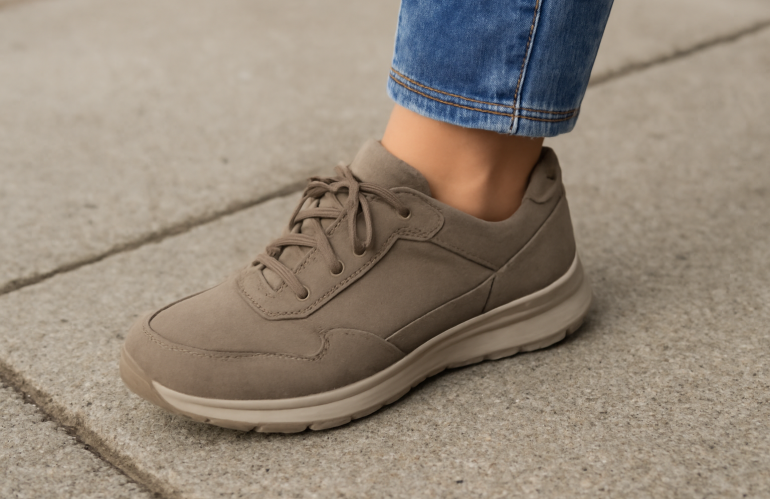 pied dans chaussure confortable sur trottoir