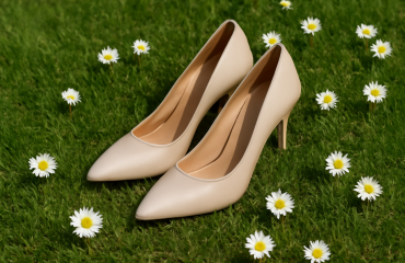 escarpins posés sur gazon avec fleurs