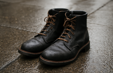 paire de bottes posée sur trottoir mouillé