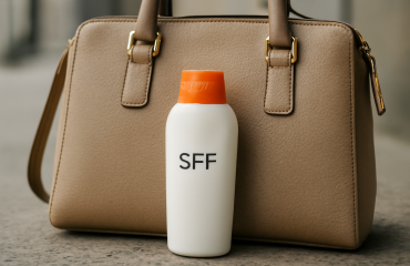 bouteille de SPF sur sac à main urbain