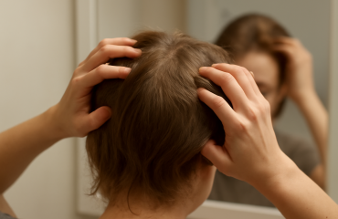 mains coiffant cheveux fins devant miroir