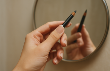 main tenant un crayon eyeliner devant miroir