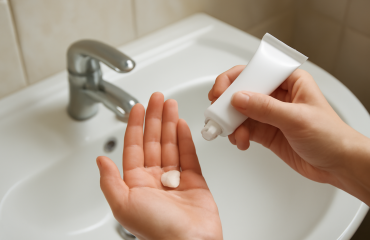 mains appliquant de la crème près d'un lavabo