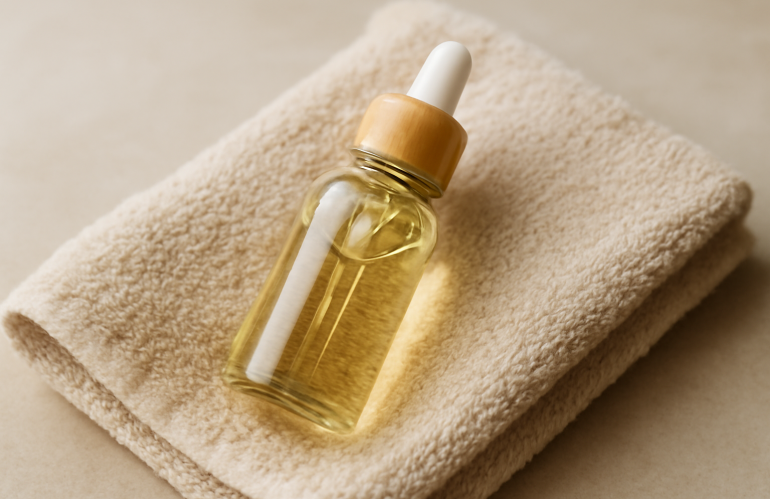 flacon de soin naturel posé sur serviette