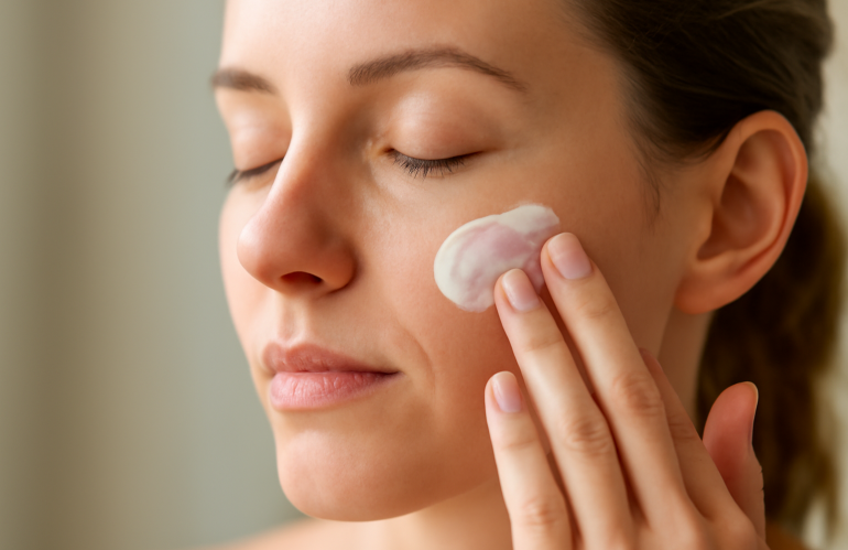 main appliquant creme sur visage matin