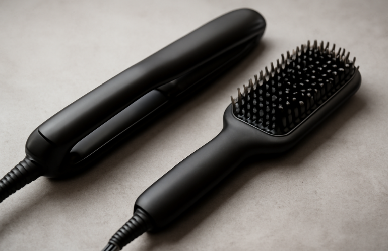 lisseur et brosse chauffante posés côte à côte