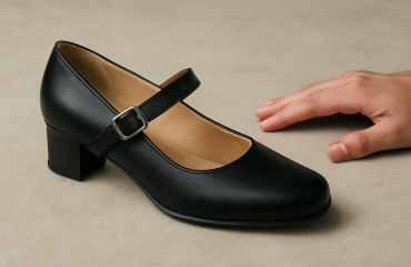 chaussure à bride posée près d'une main