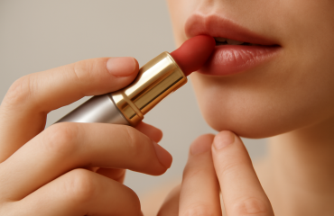 mains appliquant du rouge à lèvres hydratant
