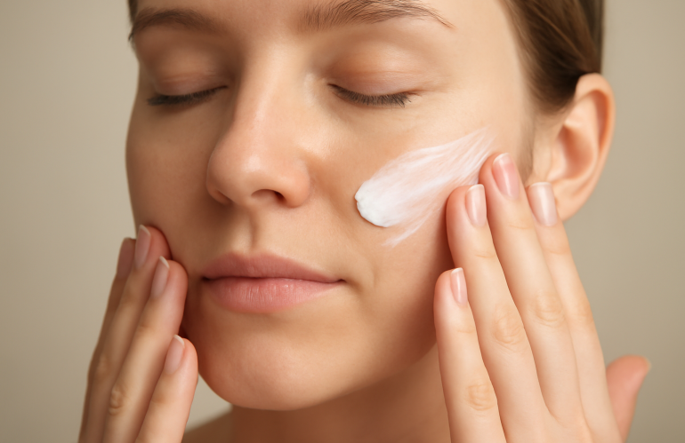 mains appliquant crème légère sur visage