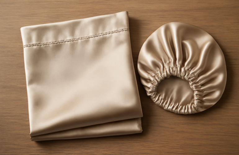 taie en satin et bonnet plié sur table
