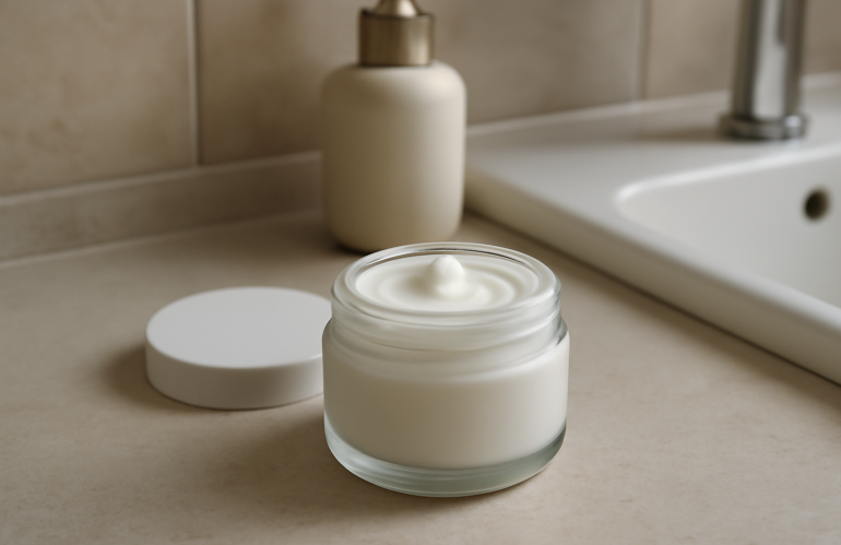 pot de creme de nuit pose sur table salle de bain
