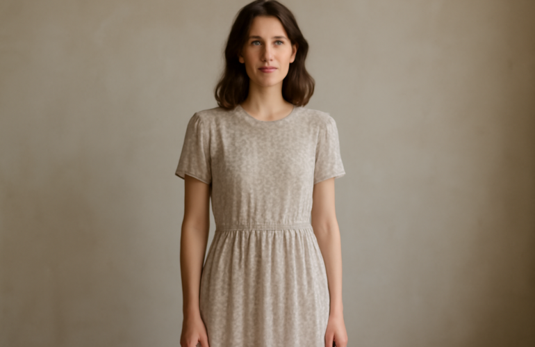 femme portant robe à imprimé discret
