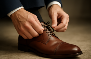 mains ajustant lacets sur chaussures habillées