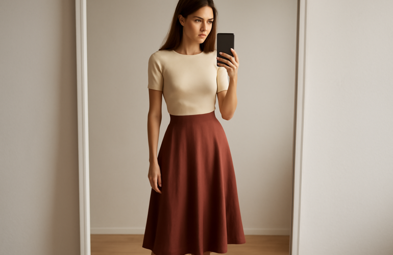 femme portant jupe midi devant miroir