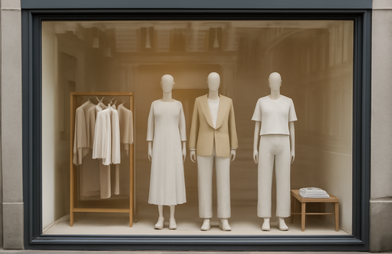 vitrine boutique affichant vêtements minimalistes en ville