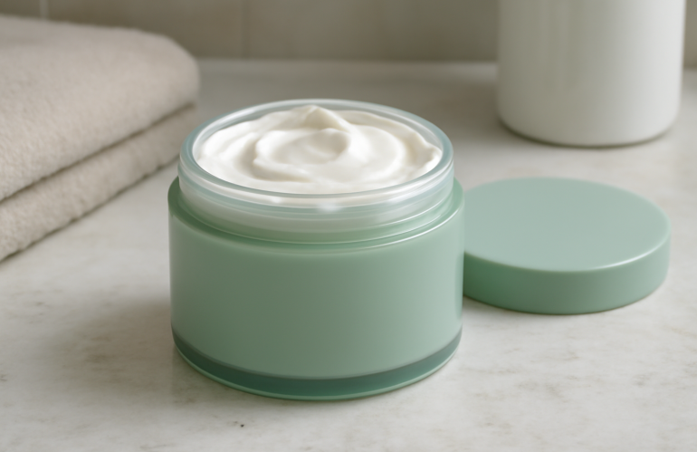 pot de masque posé sur table de salle de bain