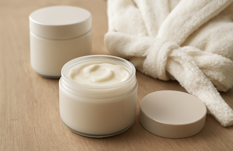 pots de masque cheveux près d'un peignoir