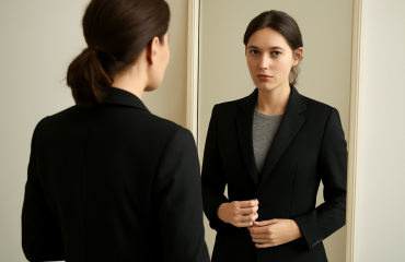 personne essayant une veste structurée devant un miroir