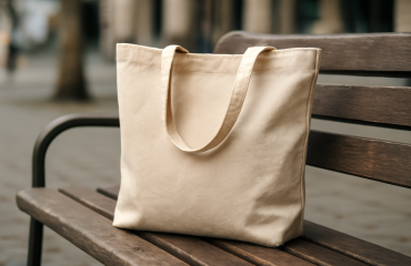 sac en tissu posé sur banc urbain