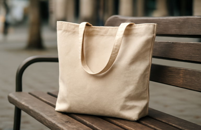 sac en tissu posé sur banc urbain