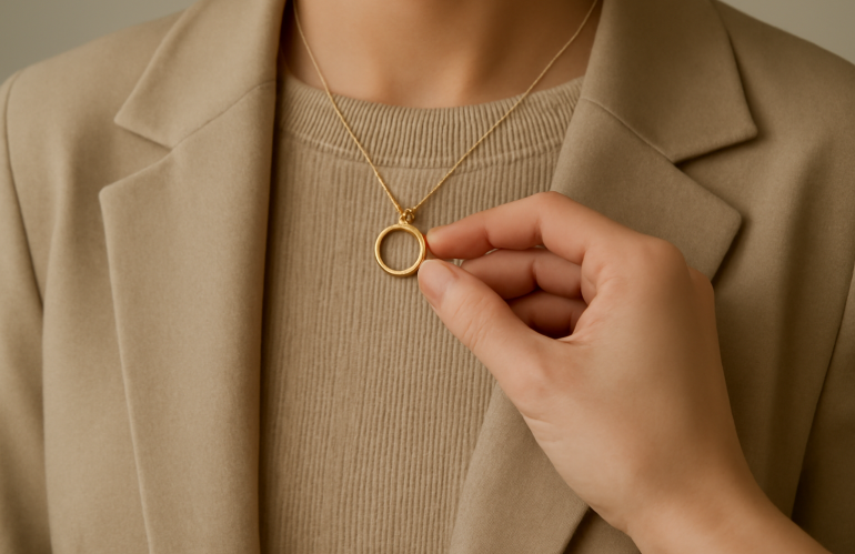 main ajoutant collier sur tenue monochrome