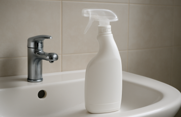 flacon nettoyant posé près d'un lavabo