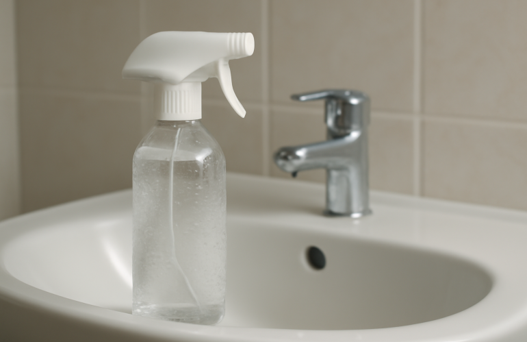 flacon de nettoyant près d'un lavabo