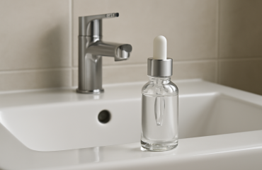 flacon de sérum posé sur lavabo minimal