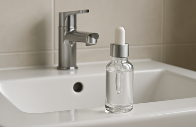 flacon de sérum posé sur lavabo minimal