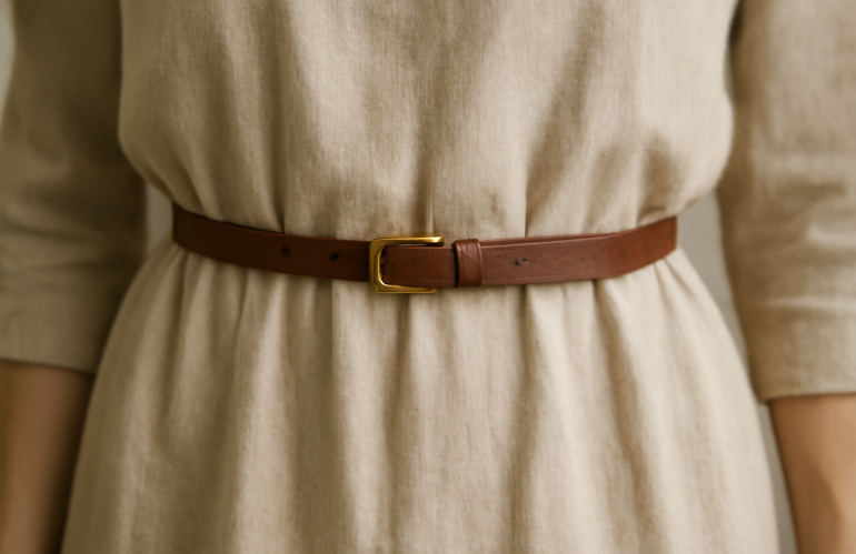 ceinture fine posée sur robe neutre