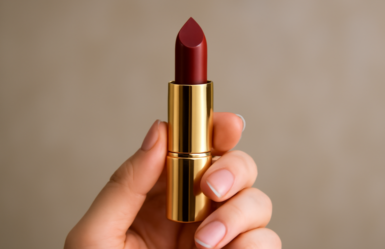 main tenant rouge a levres foncee elegant