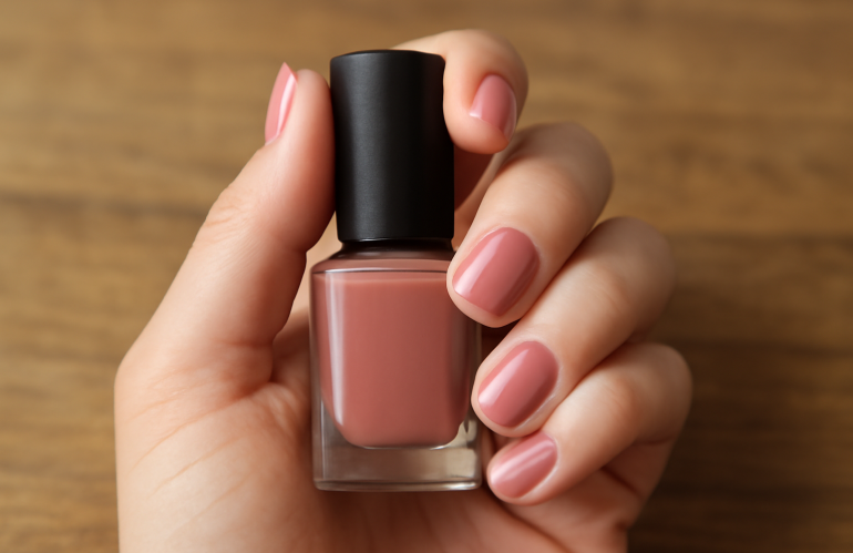 main tenant vernis sur table bois