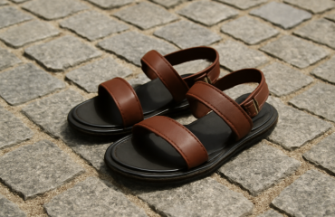 paire de sandales posée sur un trottoir pavé