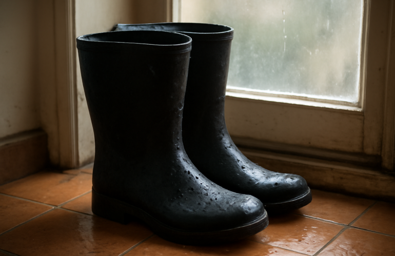 bottes mouillées séchant près d'une fenêtre