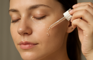 personne appliquant une goutte de serum sur joue