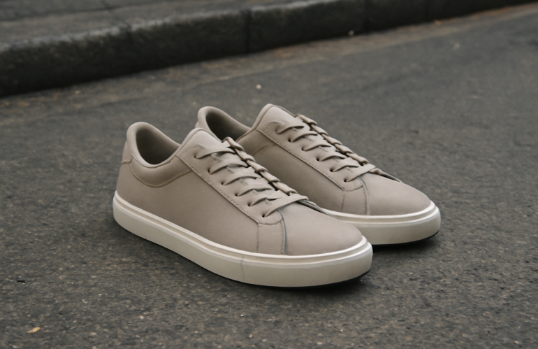 paire de sneakers neutres posees sur sol urbain