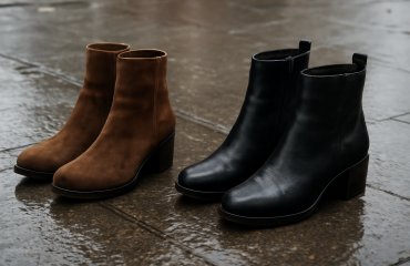 deux paires de bottines placees sur pavement mouille