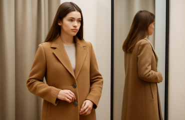 cliente essayant un manteau devant un miroir