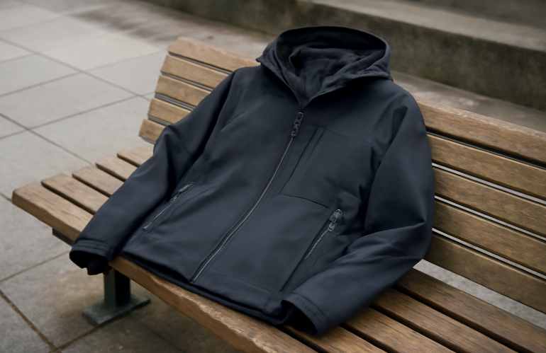 veste technique posée sur banc urbain