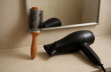 brosse ronde et sèche-cheveux près d'un miroir