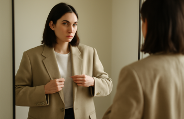 femme ajustant une veste oversize devant miroir