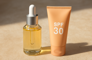 flacon de sérum près d'une crème solaire