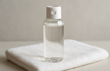 flacon de soin posé sur serviette blanche