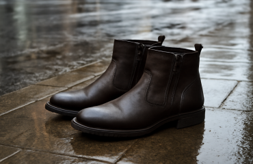 bottines posées sur trottoir mouillé urbain