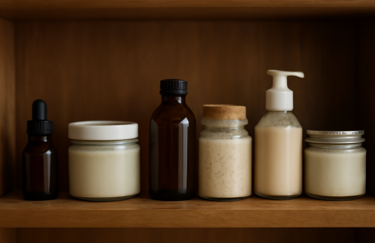 flacons de soins artisanaux alignés sur étagère